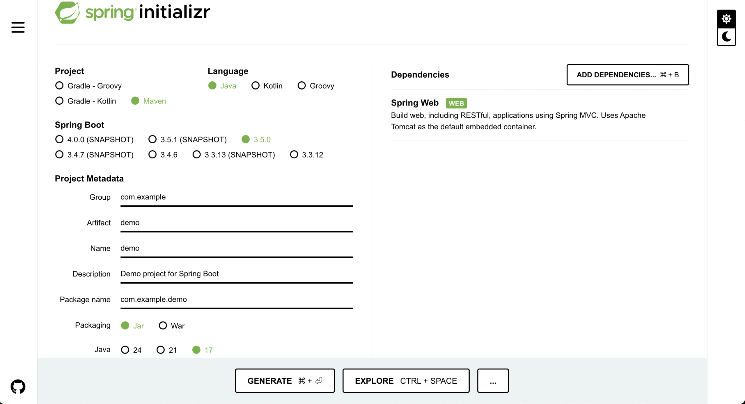 Spring Initializr の画面